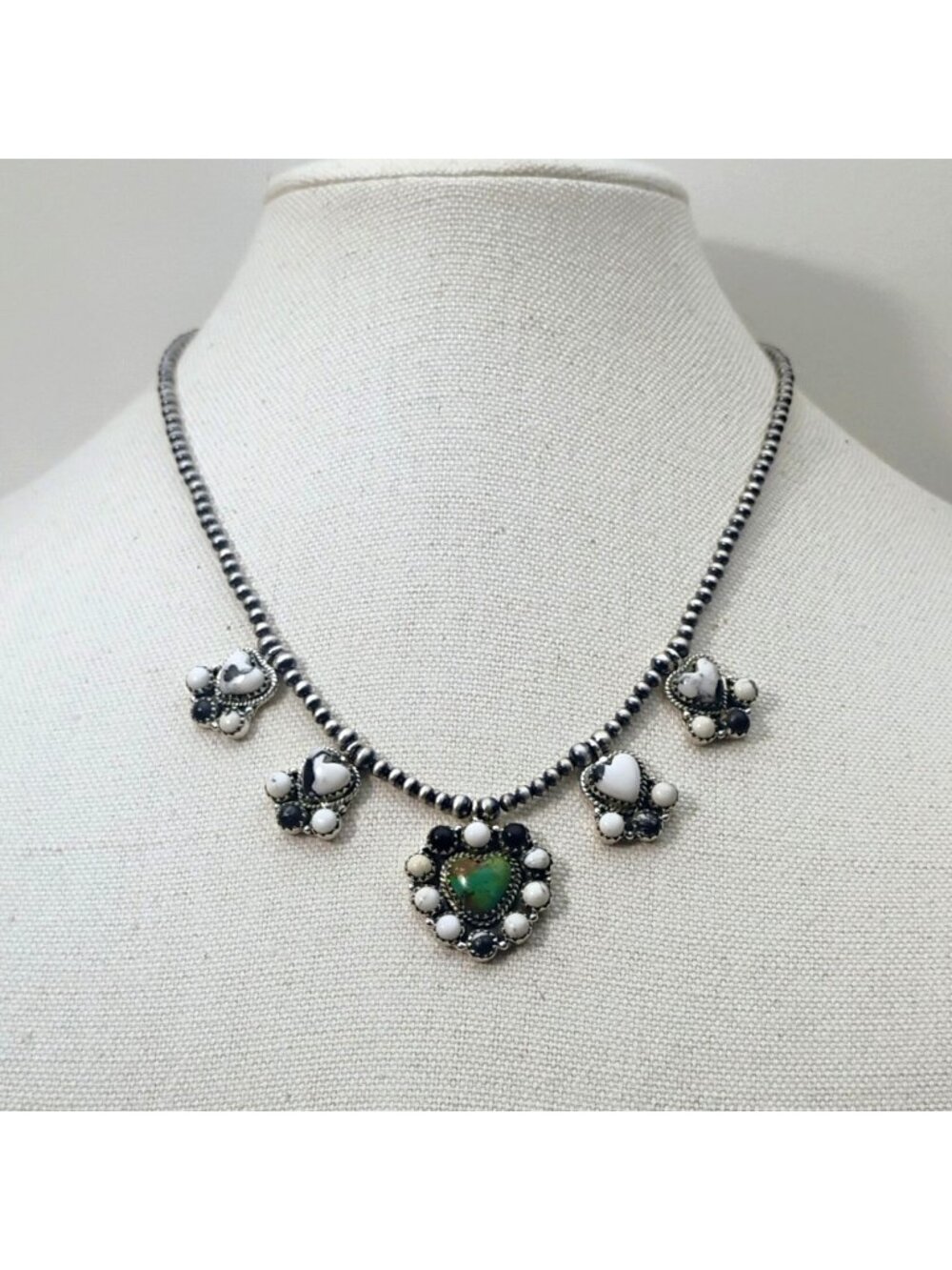 Sterling Silver Wild Horse & Turquoise Heart Necklace w/Navajo Pearl Beads